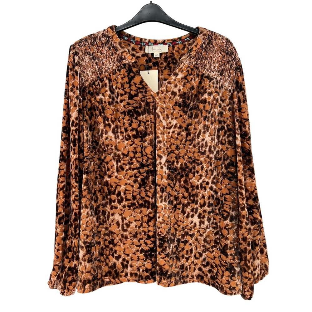 Nurture by Westbound Top Plus Size 2X Animal Print‎ Velour Long Sleeve Smocked